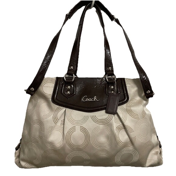 Coach Ashley Dotted Op Art Convertible Satchel Shoulder Bag Khaki Mahogany - Picture 1 of 17